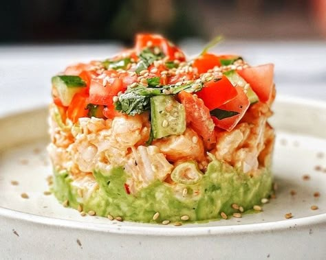 Spicy California Shrimp Stack, Shrimp Avocado Rice Stack, Spicy Shrimp Stack, Shrimp Stacks Avocado, Crab Stack Recipe, Shrimp Starter Recipes, Shrimp Sushi Stack, Salad Stacks, Shrimp Tower