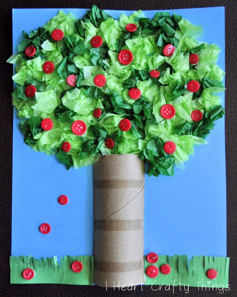 It's Apple Pickin' Season!!! Try this neat apple tree craft using tissue paper, buttons, toilet paper rolls. #SimplyAdorable Apple Tree Craft, Tissue Paper Crafts, Apple Craft, Fun Fall Crafts, Fun Fall Activities, Tree Craft, Fall Crafts For Kids, Autumn Crafts, Classroom Crafts