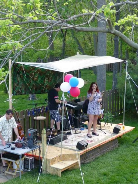 Backyard concert Outdoor Concert Stage Design Ideas, Diy Stage Platform, Backyard Stage, Backyard Concert Aesthetic, Backyard Concert, Backyard Stage For Band, Festival Stage Design Outdoor, Outdoor Concert Stage Design, Preschool Playground