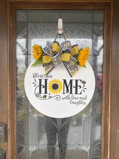 Door Hanger Bless this Home Sign Front Door Decor Spring | Etsy Sunflower Door, Welcome Signs Front Door, Door Signs Diy, Wood Wreath, Summer Door Hanger, Wooden Door Signs, Wooden Wreaths, Geek Decor, Summer Signs