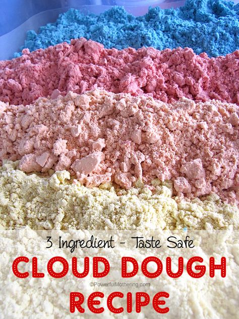 3 Ingredient Taste Safe Cloud Dough Recipe with PowerfulMothering.com Cloud Dough Recipe, Moon Dough, Cloud Dough Recipes, Christmas Sensory, How To Make Clouds, Sensory Dough, Cloud Dough, Sensory Activity, Playdough Recipe