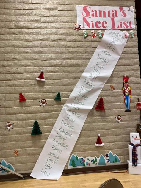 I put all of the primary kid's names on the Santa's Nice List. I threw the bishopric at the bottom :) School Breakfast With Santa Ideas, Santa Party For Kids, Santa Breakfast, Santa Nice List, Polar Express Christmas Party, Ward Christmas Party, Santa Party, Work Christmas Party, Santa's Nice List