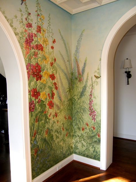 Foyer Custom English Garden Mural Corner by Curtis L. Heuser. Wall Murals Stickers, Wall Paint Mural Ideas, Cottage Core Wall Painting Ideas, Wall Painting Mural Ideas, Corner Wall Mural, Mural Art Ideas Inspiration, House Wall Mural, Texture Wall Painting, Bedroom Wall Murals