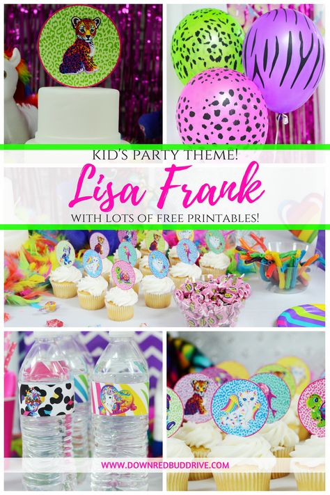 Lisa Frank Party Theme | Lots of Ideas and Free Printables! Lisa Frank First Birthday Party, Lisa Frank Balloon Arch, Lisa Frank Pool Party, Lisa Frank Decorations, Lisa Frank Printables, Lisa Frank 90s Party, Lisa Frank Bday Party, Lisa Frank Birthday Party Cake, Lisa Frank Baby Shower Theme