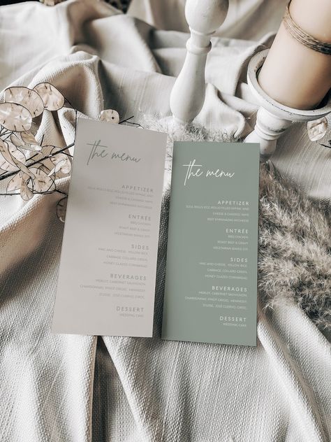 Sage Green Wedding Menu Cards, Sage Green Menu Card, Modern Sage Wedding, Sage Green Wedding Aesthetic, Menu Design Ideas Wedding, Menu Card Design Wedding, Safe Green Wedding, Sage And Emerald Wedding, Olive Green Wedding Ideas