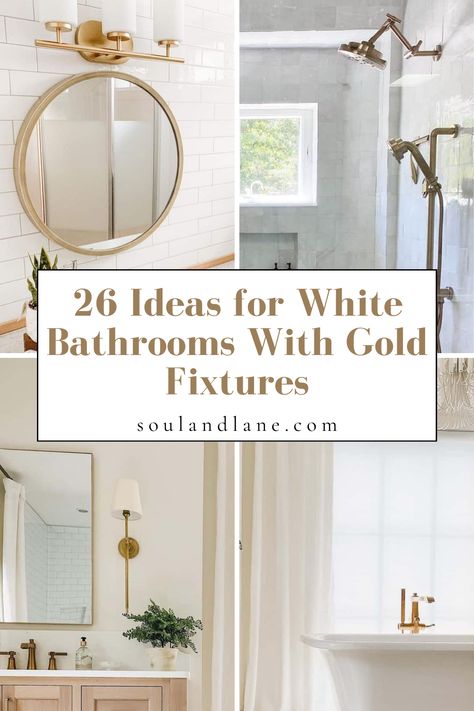 Immerse yourself in sophistication with these ideas of white bathrooms adorned with gold fixtures. The harmonious blend of pristine whites and opulent gold creates a symphony of elegance, turning your bathroom into a sanctuary of luxurious tranquility. Bathrooms With Gold Fixtures, Brushed Gold Bathroom Fixtures, Gold Shower Fixtures, White Marble Tile Bathroom, Large White Tiles, Gold Bathroom Fixtures, White Subway Tile Bathroom, Neutral Bathroom Decor, White Bathrooms