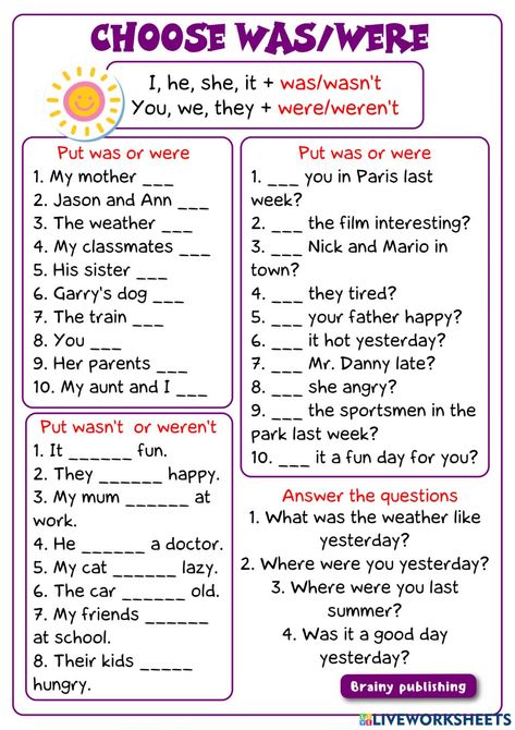 Was Were Worksheet, Teach English To Kids, Kids Worksheet, English Grammar Exercises, English Grammar For Kids, Worksheets For Grade 3, English Lesson Plans, Grammar For Kids, English Exam