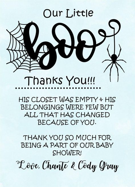 Boys Halloween Baby Shower Thank You Cards — Party Beautifully Halloween Shower Ideas, Baby Dedication Invitation, Spider Graphic, October Baby Showers, Spooky Font, Gothic Baby, Halloween Baby Shower Theme, December Baby, Wishes For Baby Cards