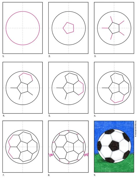 Easy How to Draw a Soccer Ball Tutorial · Art Projects for Kids How To Draw A Soccer Ball Step By Step, How To Draw Soccer Ball, Soccer Ball Ornament Diy, Soccer Ball Drawing Easy, Soccer Arts And Crafts, Diy Soccer Ornaments, How To Draw Football, How To Draw A Soccer Ball, Football Ball Drawing