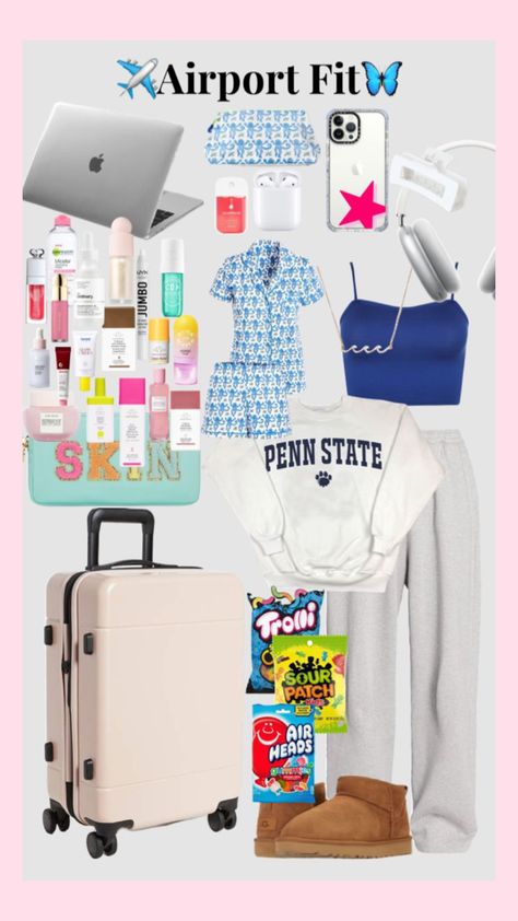 #airportfit #preppy #skincare #rollerrabbit cute Packing List Two Weeks, Airport Essentials Packing Lists, Airport Necessities, Airport List, Airplane Necessities, Airport Must Haves, Airport Bag Essentials, Travelling Necessities, Plane Essentials