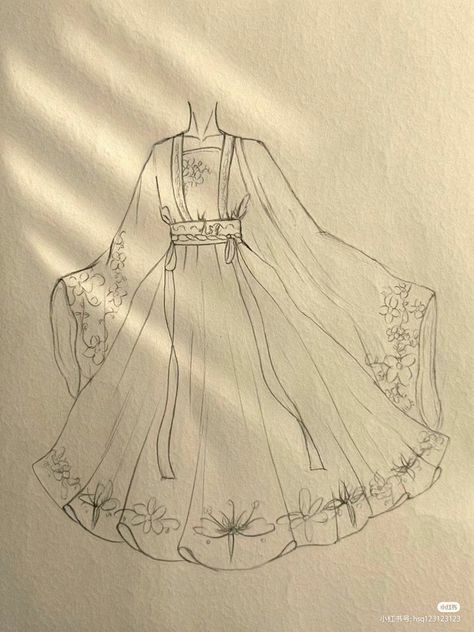 Anatomy Reference With Clothes, Outfit Drawing Dress, Anime Dress Sketch, How To Draw A Dress Design, Butterfly Dress Sketch, Korean Drawing Ideas, Japanese Clothes Drawing, How To Draw Outfits, Princess Dress Drawing Sketches