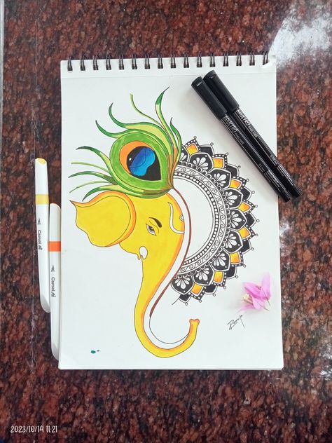 Mandala art by ramya Ganapathi Mandala Art, Mandala Ganpati Drawing, Rakshabandhan Drawing Sketch, God Drawing Ideas, Ganesha Drawing Mandala, Ganapathi Drawing, Easy Ganesha Drawing, Ganesha Mandala Art, Ganesh Chaturthi Drawing