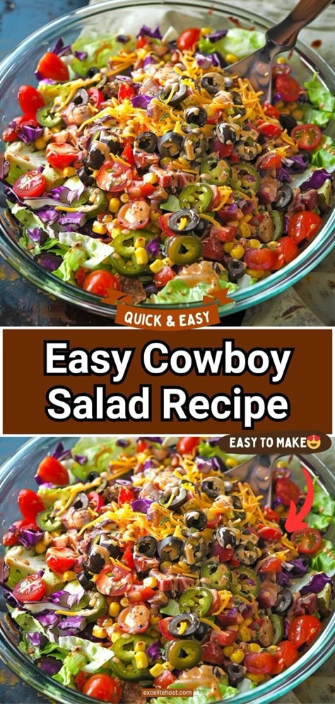 Loaded with plenty of tasty ingredients and covered in a creamy and flavorful dressing, this cowboy salad is a filling meal on its own. Cowboy Salad Dressing, Low Carb Mexican Side Dishes, Cowboy Fruit Salad, Loaded Cowboy Salad, Cowboy Salad 12 Tomatoes, Filling Dinner Salads, Cowboy Coleslaw Recipe, Cowboy Corn Salad, Cowboy Salad Recipe Pioneer Woman