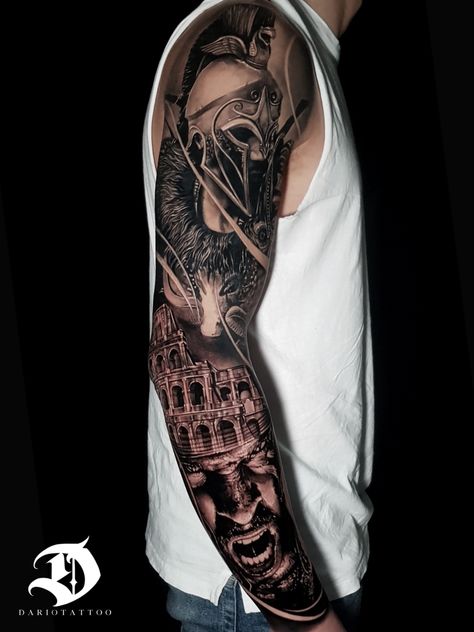 Custom Roman warrior sleeve done by dariotattooarte Roman Tattoos For Men, Rome Colloseum, Roman Tattoos, Warrior Tattoo Sleeve, Roman Tattoo, Tattoo Sleeve Filler, Soldier Tattoo, Full Leg Tattoos, Statue Tattoo