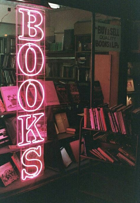 Neon "BOOKS" sign outside a bookstore Book Store, I Love Books, Book Aesthetic, Neon Lighting, Love Book, Book Nerd, Neon Sign, Pink Aesthetic, Wall Collage