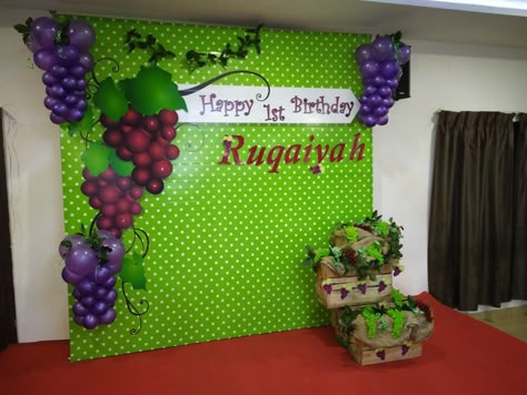 Grape Theme Party Decor, Grape Decorations Party, Grape Vine Decor, Fruit Birthday Party, Grape Decor, Fruit Birthday, Wine Bottle Art, Wine Theme, Baby 1st Birthday