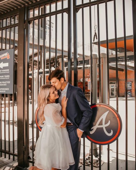 Engagement Photos Baseball Field, Ballpark Engagement Photos, Baseball Stadium Engagement Photos, Football Stadium Engagement Photos, Stadium Engagement Photos, Sporty Engagement Photos, Sports Engagement Photos, Game Photoshoot, Elopement Pics