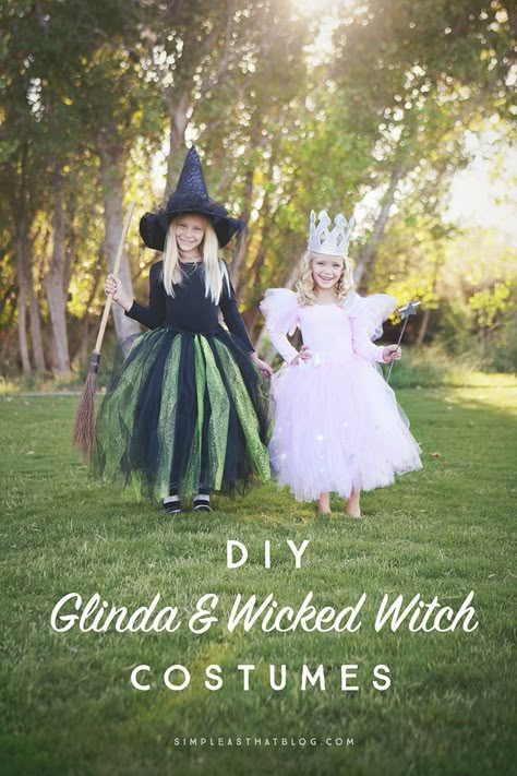 DIY Glinda the Good Witch and Wicked Witch  costumes that require little to no sewing! MichaelsMakers Simple As That Blog Wicked Witch Costume, Sister Halloween Costumes, Witch Costume Diy, Disney Costumes Diy, Creative Halloween Costumes Diy, Disney Pumpkin Carving, Best Friend Halloween Costumes, Baby Kostüm, Wicked Witch Of The West