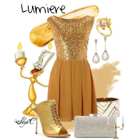 (via Lumiere Party - Disney’s Beauty & the Beast - Polyvore) Beauty And The Beast Inspired Outfits, Disney Homecoming, Beauty And The Beast Disneybound, Beast Disneybound, Lumiere Beauty And The Beast, The Beast Costume, Casual Everyday Dresses, Disney Bound Outfits Casual, Beauty And The Beast Costume