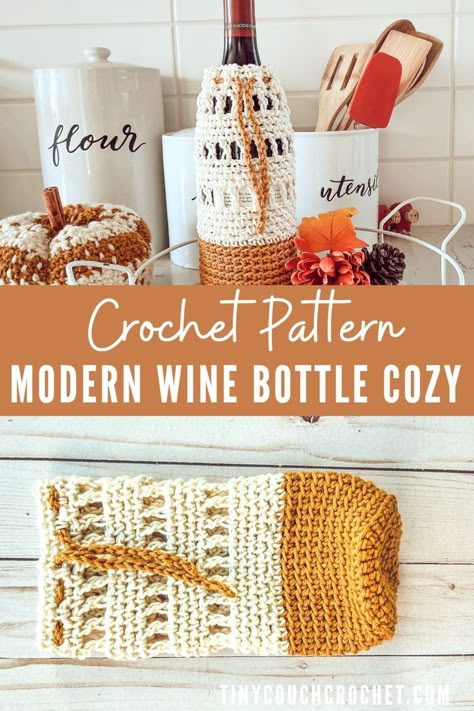 At the top, a white and burnt orange crochet wine bottle cozy is covering a wine bottle sitting on a countertop with other kitchen items and fall decor. At the bottom, the cozy is laying by itself on a flat surface. White text on an orange background says " crochet pattern modern wine bottle cozy" Wine Coozie Crochet, Crocheted Wine Bottle Covers, Crochet Wine Bottle Cozy Free Pattern, Crochet Wine Cozy Pattern Free, Crochet Wine Bottle Holder Pattern, Crochet Bottle Cozy, Wine Cozy Crochet Pattern, Crochet Wine Bottle Cozy, Crochet Wine Cozy