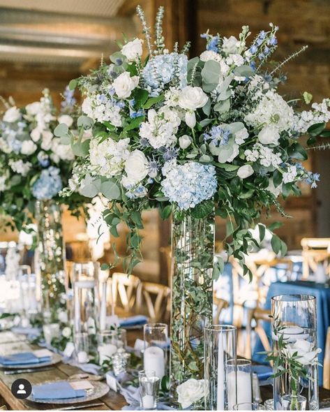 Wedding Tables Blue And White, Wedding Flower Table Arrangements, Blue And Green Wedding, Blue Hydrangea Wedding, Tall Centerpiece, Blue Wedding Decorations, Blue Centerpieces, Blue White Weddings, Light Blue Wedding