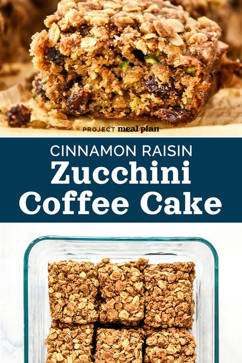 This Cinnamon Raisin Zucchini Coffee Cake is easy to make, seriously delicious, and not-too-sweet! It’s a make-ahead friendly breakfast or snack cake made with rolled oats, raisins, one whole zucchini, and a cinnamon crumb topping! Zucchini Coffee Cake, Cake With Raisins, Oat Crumble, Cinnamon Raisin, Favorite Dessert Recipes, Delicious Breakfast Recipes, Crumb Topping, Breakfast Meal Prep, Lunch Meal Prep