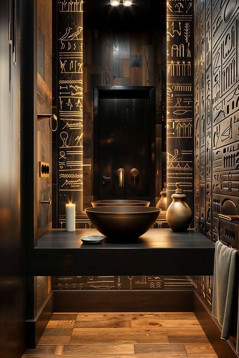 Egyptian Bathroom Decor, Ancient Egyptian Interior Design, Egyptian Bathroom, Luxury Classic Bathroom, Egyptian Interior Design, Egyptian Restaurant, Lighting Bathroom Vanity, Ancient Royalty, Decorating Bathrooms