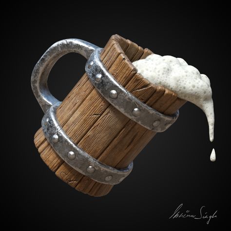 ArtStation - Beer Mug Medieval Beer Mug, Beer Mug Game Art, Dnd Beer Mug, Ceramic Beer Mug, Tavern Mug, Pirate Props, Beer Tattoos, Wooden Mug, Wooden Beer Mug