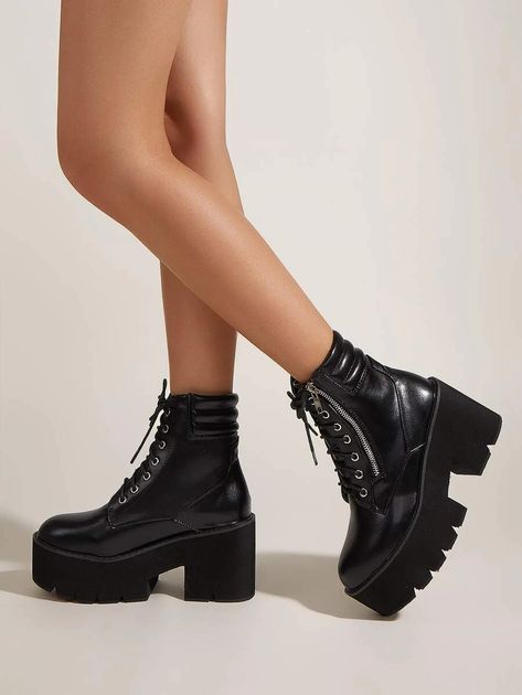 Lace-up Front Platform Chunky Heeled Combat Boots Heeled Combat Boots, Womens Combat Boots, Boots Women Fashion, Boots Outfit, Wedge Sneaker, Timberland Boots, Fashion Boots, Combat Boots, Fashion News