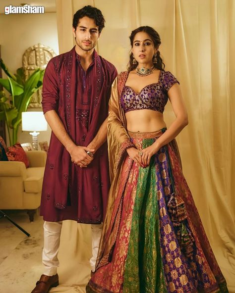 Actress Sara Ali Khan wore a multicoloured lehenga at the Ganpati celebration held by billionaire Mukesh Ambani. The lehenga, custom designed by Mayyur Girotra, was handcrafted from 50-60 year old re-cycled brocade sarees. Sara accessorised her look with traditional jewellery pieces such as choker, jhumkas and a ring. "So exciting to see couture designers up cycling," an Instagram user wrote. #glamsham #saraalikhan #saree #bollywood (glamsham, sara ali khan, saree, bollywood) Ganesh Chaturthi Outfit, Multicoloured Lehenga, Ganpati Celebration, Mayyur Girotra, Ibrahim Ali Khan, Brocade Lehenga, Mukesh Ambani, Indian Wedding Lehenga, Brocade Saree