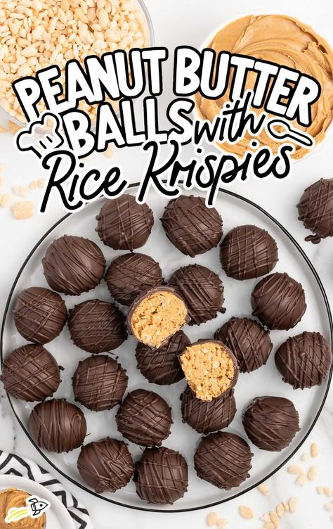 a plate of Peanut Butter Balls with Rice Krispies White Chocolate Peanut Butter Balls Rice Krispies, Rice Crispy Treat Balls, Buckeye With Rice Krispies, Buckeye Balls With Rice Krispies Recipe, Pb Balls With Rice Krispies, Crunchy Buckeye Balls, Peanut Butter Ball With Rice Krispies, Rice Krispie Treat Balls, Peanut Butter Crisp Balls