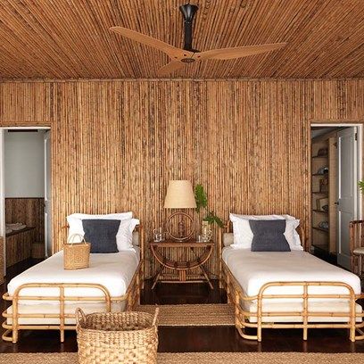 Discover bedroom design ideas on HOUSE - design, food and travel by House & Garden including a redesigned bamboo house on the Caribbean island of Mustique 2 Bedroom Design, House 2 Bedroom, Bamboo Bedroom, House Bedroom Ideas, Bamboo House Design, Bamboo Architecture, Bamboo House, Twin Bedroom, Serene Bedroom