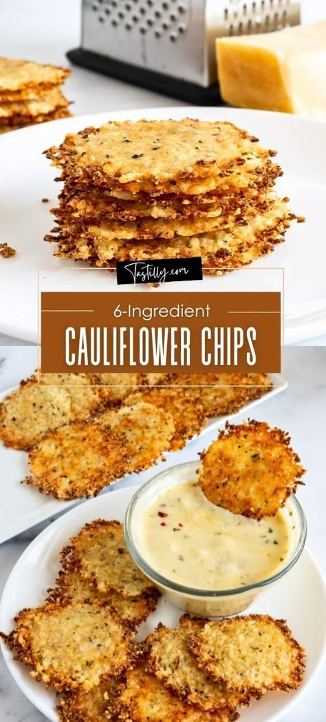 Quick 6-Ingredient Cauliflower Chips via @tastillyb Cauliflower Chips Keto, Cauliflower Snacks Healthy, Cauliflower Crackers Recipe, Healthier Chip Options, Cheesy Cauliflower Chips, Cauliflower Balls Recipes, Cauliflower Chips Recipes, Cauliflower Snack Recipes, High Protein Party Food