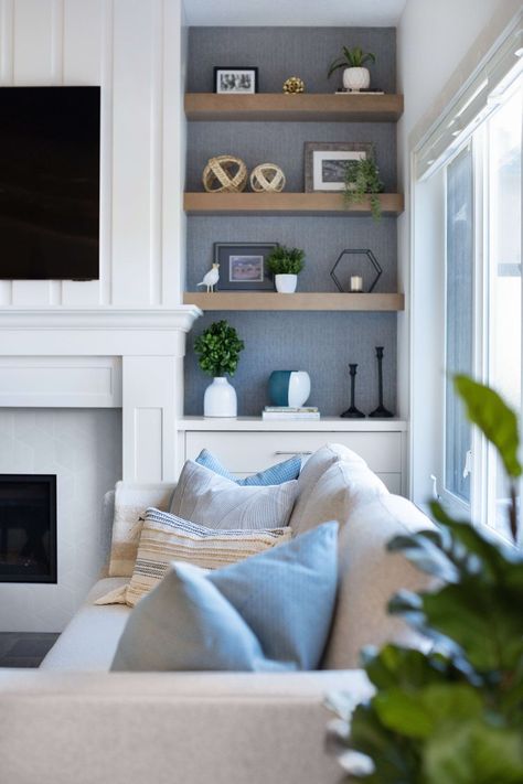 Tuscany Renovation — Marianne Elizabeth Interior Design Living Room With Floating Shelves, White Blue Living Room, Room With Floating Shelves, Blue And Yellow Living Room, Tuscany Kitchen, Tailor Design, White Wood Paneling, Built In Around Fireplace, Dining Room Built In