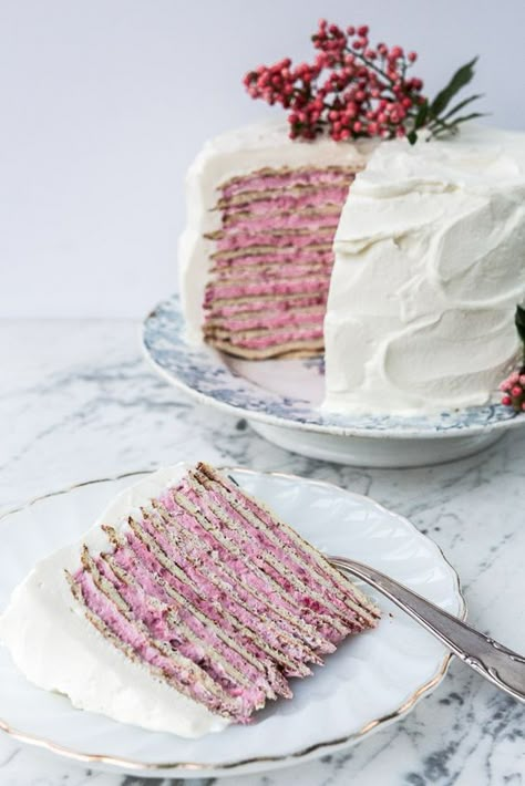 almond crepe cake with raspberry rose cream Sarah Jones, Torte Cupcake, Dessert Aux Fruits, Crepe Cake, A Piece Of Cake, Cupcake Cake, Piece Of Cake, Cake Chocolate, Pretty Cakes