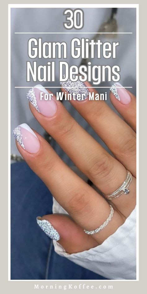 Looking to add some sparkle to your winter style? Glam up with these 30 glitter nail designs perfect for a sparkly manicure. From subtle shimmers to full-on glitz, these ideas will have your nails shining brighter than a winter wonderland. Sparkly Tipped Nails, Waterfall Glitter Nails, Christmas Nails Neutral Sparkle, French Tip Nails With One Glitter Nail, Sparkle Nail Art Designs, Glittery Holiday Nails, Glittery Christmas Nails Sparkle, Sns Winter Nails Ideas, Holiday Party Nails Sparkle