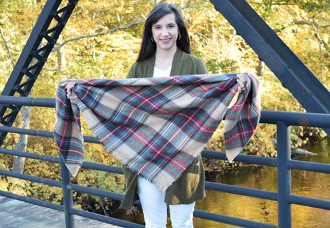 How to Tie a Square Blanket Scarf | More to Mrs. E How To Wear A Square Blanket Scarf, How To Tie Blanket Scarf, Square Blanket Scarf, Olive Cardigan, Tie Blanket, Blanket Scarves, Fall Blanket, Tie Blankets, Tartan Blanket