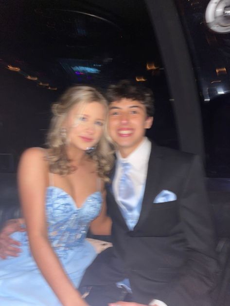 Matching Tux And Dress Prom, Tux To Match Blue Prom Dress, Winter Formal Matching Outfits, Matching Suit And Dress Couple Prom, Light Blue Prom Dress Couple Pictures, Grey Tux With Light Blue Dress Prom, Light Blue Hoco Couple Outfits, Periwinkle Prom Dress Couple, Blue Prom Looks Couple