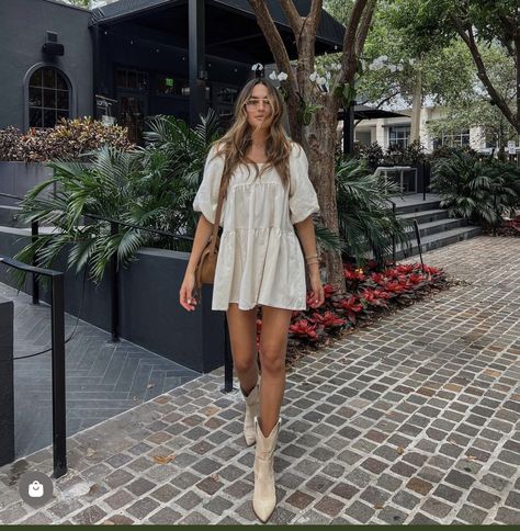 White Cowboy Boots Outfit Dress, Summer Dress With Cowboy Boots, Beige Cowboy Boots Outfit, White Dress Cowboy Boots, Line Dancing Outfit, Summer Wineries Outfit, Cowboy Boots Outfit Summer, Booties Outfit Fall, Short Cowboy Boots Outfit