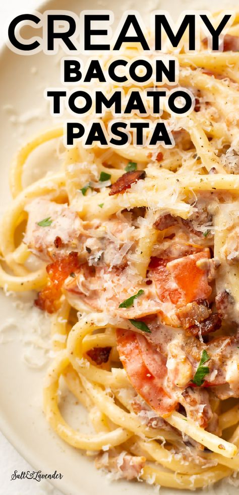 This bacon tomato pasta recipe uses simple everyday ingredients and is super fast and easy to make! The creamy garlic sauce with crispy bacon is so dreamy. Pasta Dishes With Bacon, Easy Pasta Recipes With Bacon, Bacon Noodles Recipe, Cream Of Bacon Recipes, Meals Using Bacon, Bacon Leftover Recipes, Sausage Bacon Pasta, Bacon And Pasta Recipes, Quick And Easy Dinner Recipes With Bacon