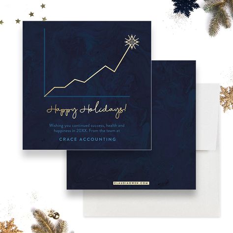 Happy Holidays! Send this holiday card to your clients, partners, and employees to wish them a happy holiday season. This is a great way to keep in touch with them and show them you care. This card is uniquely designed with an elegant blue and gold scheme and creative layout. Please note the gold is not real. It is digitally printed. You can request other colors.One of our talented designers will work with you to get your design looking just the way you like.DETAILS Cards are flat (not folded) P Corporate Greeting Card, Christmas Card Corporate, New Years Greeting Cards, Modern Christmas Card Design, Business Christmas Cards For Clients, Company Holiday Card Design, Christmas Business Card, Christmas Card Business, Company Christmas Card