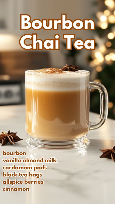 Enjoy+the+warm,+spiced+flavors+of+this+Bourbon+Chai+Tea,+a+comforting+blend+of+black+tea,+aromatic+spices,+almond+milk,+and+a+splash+of+bourbon.+This+cozy+drink+is+perfect+for+gatherings+or+quiet+evenings+by+the+fire,+bringing+together+rich+chai+flavors+with+a+hint+of+vanilla+and+honeyed+sweetness.+via+@mybartender Chai Flavors, Bourbon Tea, Cocktail Cards, Holiday Beverages, Chai Tea Recipe, Sweet Bourbon, Spiced Almonds, Drinks Ideas, Cozy Drinks