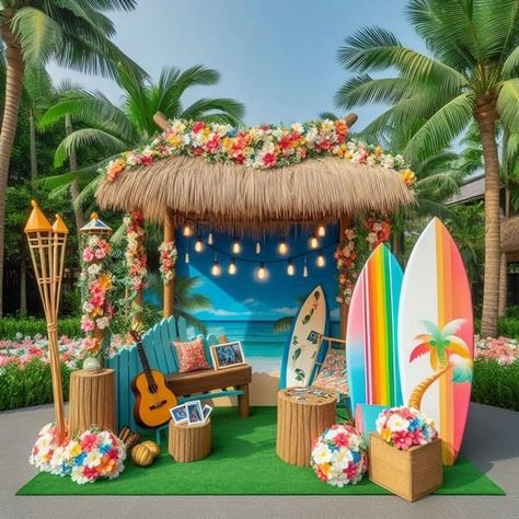 Hawaiian Stage Decorations, Island Theme Backdrop, Hawaii Theme Backdrop, Hawai Party Ideas, Beach Stage Design, Surfing Party Decorations, Tropical Party Backdrop, Minion Sketch, Hawaii Theme Party