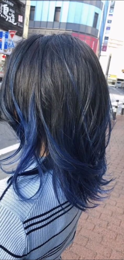 Dyed Hair Highlights Blue, Blue Color Highlights Hair, Blue Babylights Hair, Blue Dye Over Brown Hair, Black To Dark Blue Hair, Navy Blue Peekaboo Hair, Dyed Hair Dark Blue, Blue Wolfcut Hair, Blue Black Wolfcut