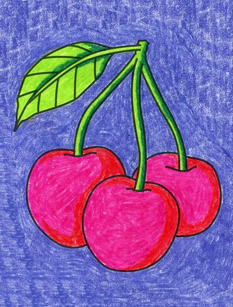 Draw Cherries, Cherry Drawing, Cherries Painting, Child Painting, Oil Pastel Drawings Easy, Tutorial Drawing, Fruits Drawing, Art Projects For Kids