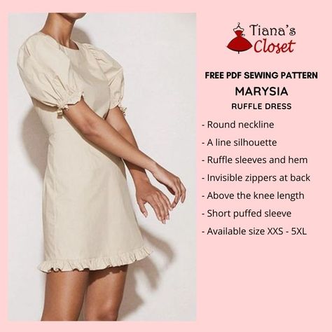 Marysia ruffle dress – free PDF sewing pattern – Tiana's Closet Modest Halter Top, Puff Sleeve Dress Sewing Pattern, Puff Sleeve Dress Pattern Free Sewing, Tianas Closet, Puff Sleeve Dress Pattern, Paper To Print, New Dress Pattern, 3d Simulation, Nightgown Pattern