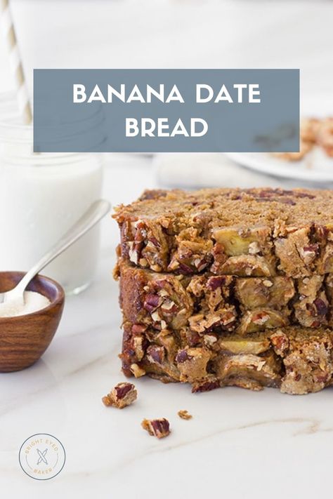 A moist, tender banana bread studded with sweet, rich dates and topped with a caramelized banana and pecan crust. Banana Date Bread, Banana Bread With Dates, Pecan Banana Bread, Banana Desserts, Date Bread, Banana Pecan Bread, Caramelized Banana, Sticky Date, Pecan Crust