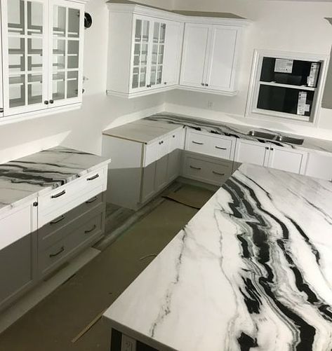 DPS Countertops- Joe Doria on Instagram: “...and this is what the White Panda Quartzite looks like installed 😍 . . . . . . . . #dpscountertops #kitchenremodel #quartz #countertops…” Panda White Countertop, White And Black Epoxy Countertop, Black And White Quartzite Countertops, Panda Quartz Countertop, Panda Countertop Kitchen, Bold Quartz Countertops, Black And White Quartz Countertops, White Quartzite Kitchen Countertops, White Quartzite Kitchen