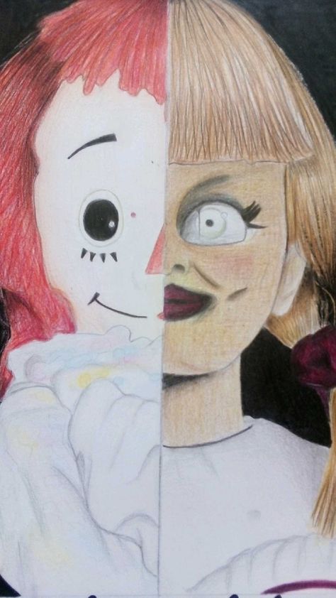 My drawing of annabelle Annabelle Doll Drawing, Annabelle Painting, Horror Movie Sketches, Annabelle Drawing, Doll Drawing Easy, Movie Sketches, Catalina Santana, Annabelle Doll, Movie Stickers