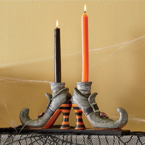 Haunt It Up This Halloween With These 60 Spooky Cute Candleholders Shoes Template, Unique Halloween Decorations, Decorating Halloween, Witch Shoes, Witch Party, Tapered Candles, Halloween Table Decorations, 2023 Halloween, Country Door